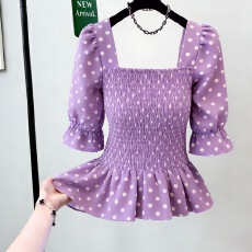 批发2026雪纺衫女春夏甜美<b class='q'>圆点</b>碎花喇叭袖收腰显瘦短款<b class='q'>衬衫</b>上衣女潮