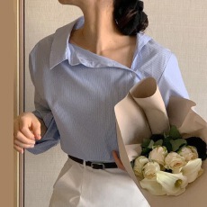 批发韩国chic春季简约翻领斜扣设计宽松百搭撞色条纹<b class='q'>灯笼袖</b><b class='q'>衬衫</b>上衣女