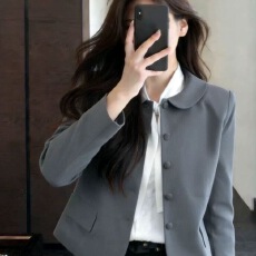 批发韩国chic春季小众设计感娃娃领单排扣宽松百搭长袖<b class='q'>短</b>款西装<b class='q'>外套女</b>
