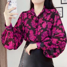 批发早春新款玫红印花<b class='q'>衬衫</b>宽松显瘦百搭<b class='q'>灯笼袖</b><b class='q'>衬衣</b>小众气质雪纺上衣女