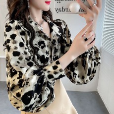 批发复古印花<b class='q'>衬衣</b>2023年新款女<b class='q'>灯笼袖</b><b class='q'>衬衫</b>气质豹纹女款上衣大码雪纺衫