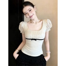 批发韩系杏色方领蕾丝打底短袖<b class='q'>T</b><b class='q'>恤</b>女夏季法式拼接蝴蝶结显瘦内搭上衣