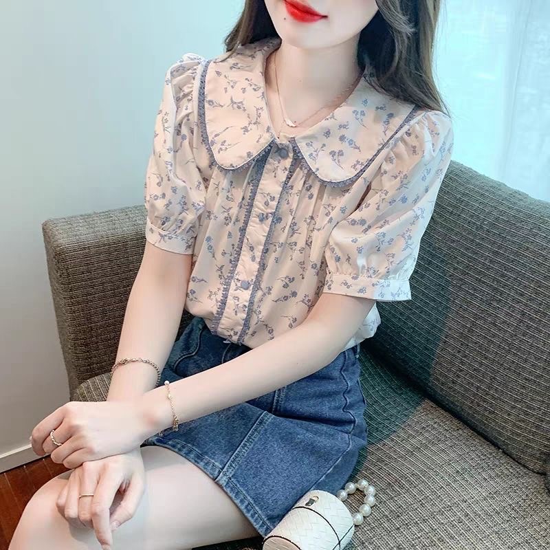 프랑스식 작은 대중 Chic 꽃무늬 작은 청신 베이비 칼라 여성 셔츠 여름 고급 센스 달콤함 연령 감소 외국 가스 맨위