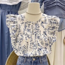 批发品牌折扣欧货女装法式碎花<b class='q'>衬衫</b>女夏设计感小飞袖洋气减龄别致上衣