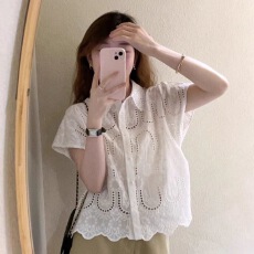 批发2026韩国东大门代购夏装女装新款花边翻领<b class='q'>甜美</b>净版镂空短袖衬衫