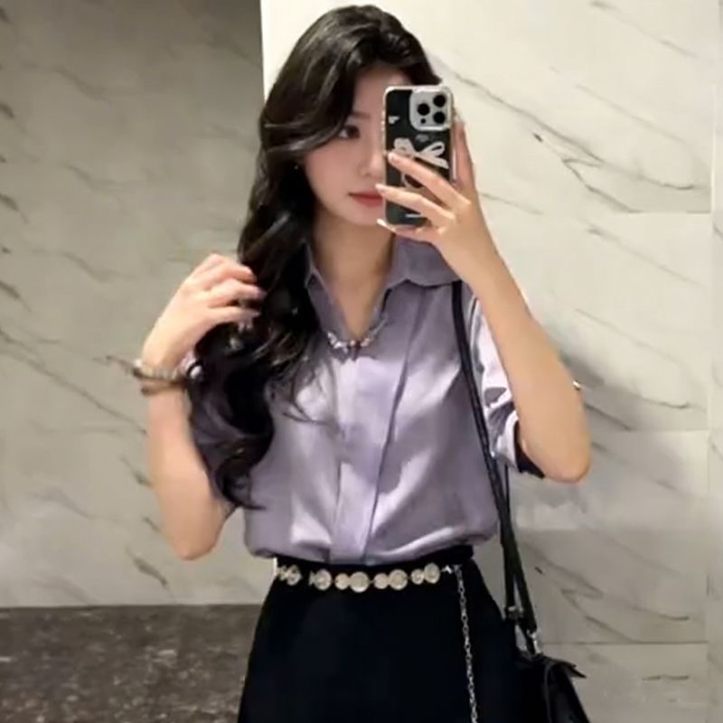 홍콩 느낌 레트로 보라색 V넥 반팔 여성 셔츠 여름 루즈핏 슬림해 보이는 셔츠 품격 여성
