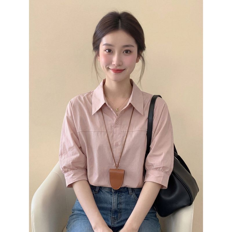 프랑스식 작은 대중 폴로 칼라 긍정적 인 어깨 반팔 여성 셔츠 여름 새로운 고급 센스 출퇴근 작은 셔츠 외국 가스 맨위 셔츠