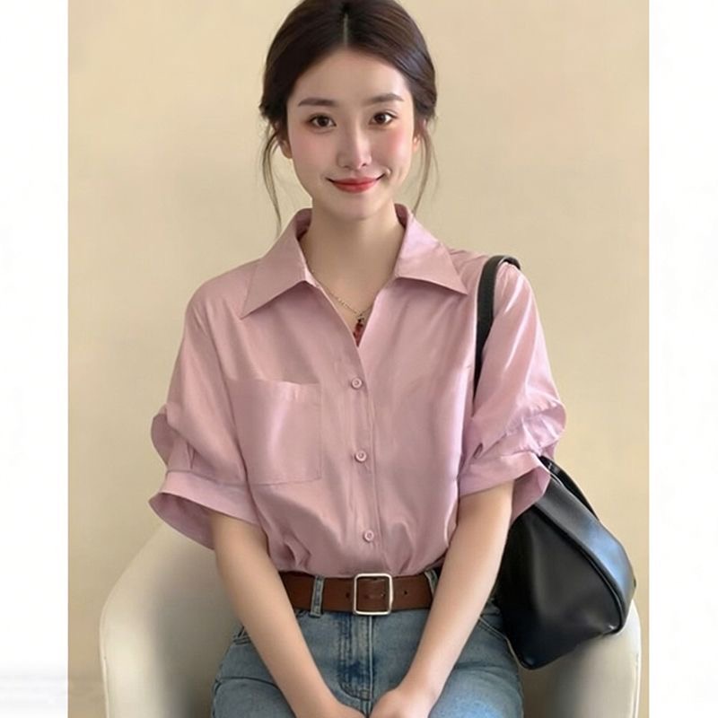 프랑스식 작은 대중 폴로 칼라 반팔 셔츠 맨위 여성 여름 새로운 고유 한 아름다운 연령 감소 셔츠 슬림해 보이는 여성 맨위