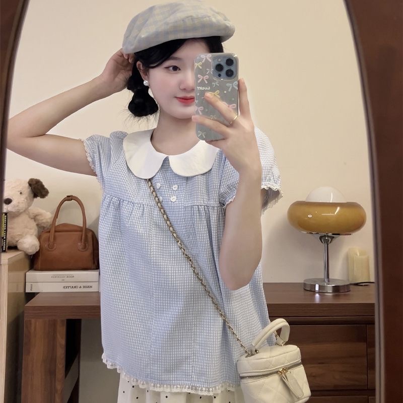 파란색 달콤함 베이비 칼라 셔츠 여성용 짧은 소매 티셔츠 여름 얇은 스타일 체크무늬 루즈핏 작은 키 인형 셔츠 맨위