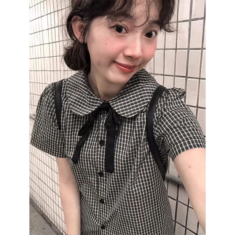 지금 h2026 패션 레트로 체크무늬 학원 스타일 루즈핏 반팔 나비 매듭 격자 무늬 셔츠 맨위 여성