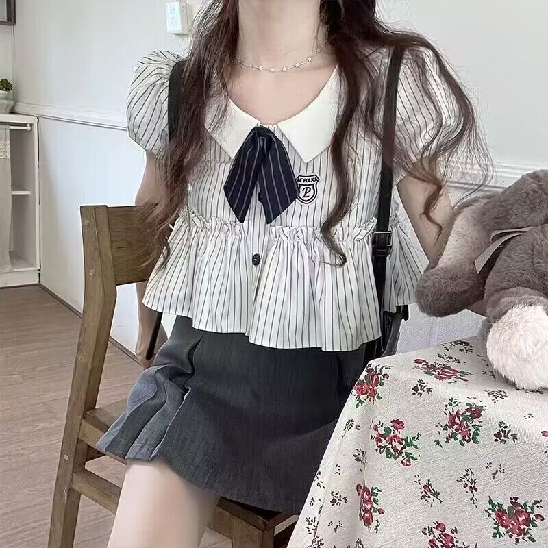일본식 달콤함 학원 스타일 베이비 칼라 여성 셔츠 여름 새로운 디자인 센스 거품 소매 학생 한국 스타일 다용도 셔츠