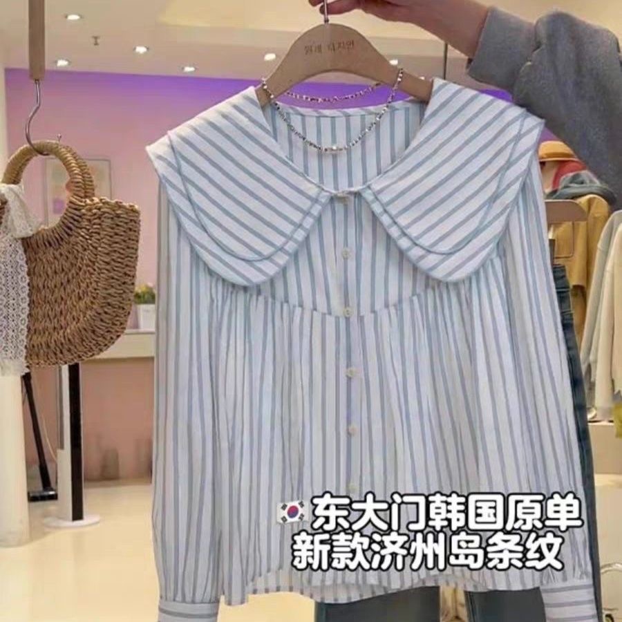 프랑스식 스트라이프 베이비 칼라 여성 셔츠 봄 가을 디자인 센스 작은 대중 패션 연령 감소 고유 한 Chic 긴팔 맨위