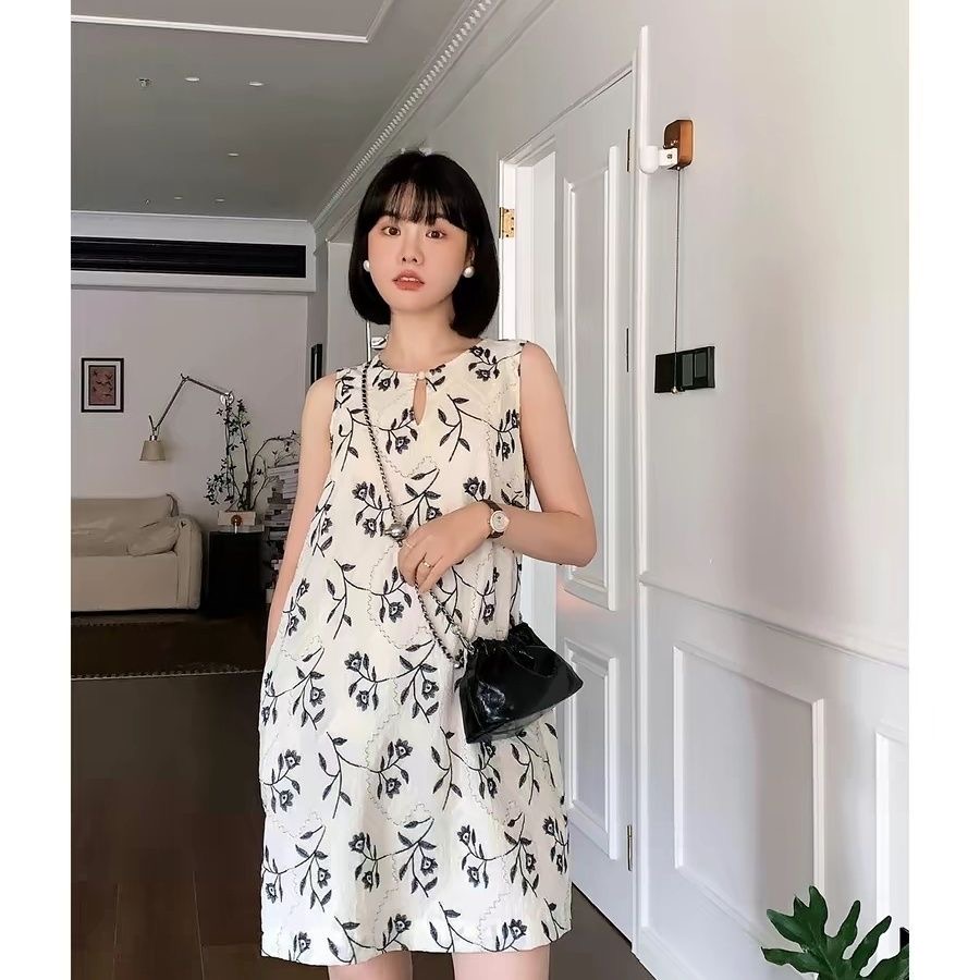 자수 고급 민소매 여름 드레스 물방울 라운드 넥 디자인 패션 출퇴근 느긋한 루즈핏 작은 키 미니 스커트