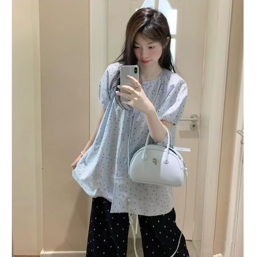 여름 새로운 라운드 넥 루즈핏 도트 무늬 반팔 셔츠 연령 감소 달콤함 프랑스식 거품 소매 맨위