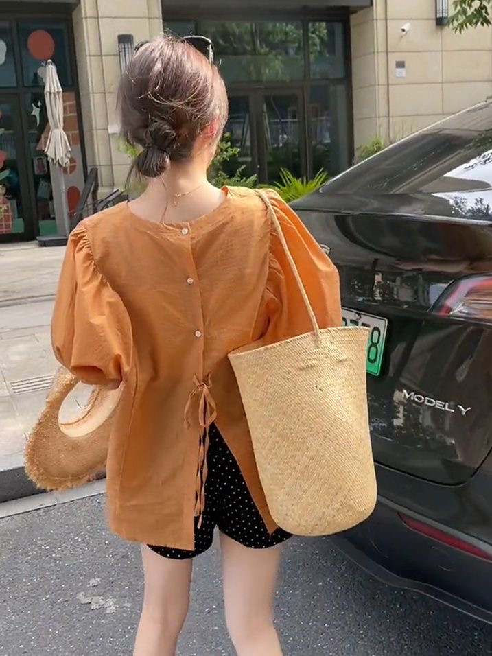여름 새로운 프랑스식 패션 라운드 넥 단색 미니멀리즘 품격 다용도 디자인 센스 개성 레이스업 거품 소매 셔츠