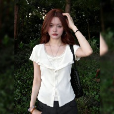 批发新款<b class='q'>甜美</b>少女风白色V领短袖T恤女夏季系带假两件收腰显瘦百搭上衣