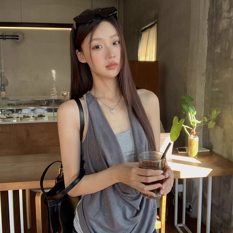 아메리칸 레트로 캐미솔 여름 새로운 여름 외출용 아름다움 뒤로 chic 한 부서 회색 페이크 레이어드 민소매 맨위