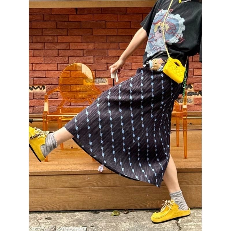 한국 동대문 여름 새로운 조용한 블루 꽃 그림자 프랑스식 우아함 레트로 프린트 Pleat Pleat 반신 스커트 다용도 캐주얼