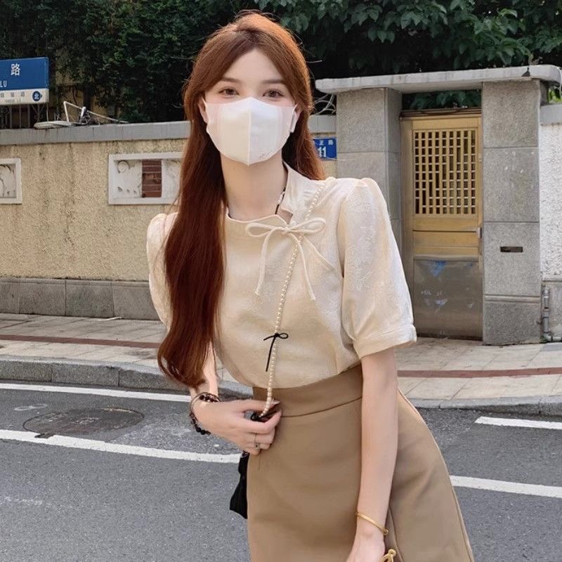치파오 개선 새로운 중식 국풍 맨위 디자인 센스 여성 작은 대중 2025 여름 고급 센스 레트로 반팔 셔츠