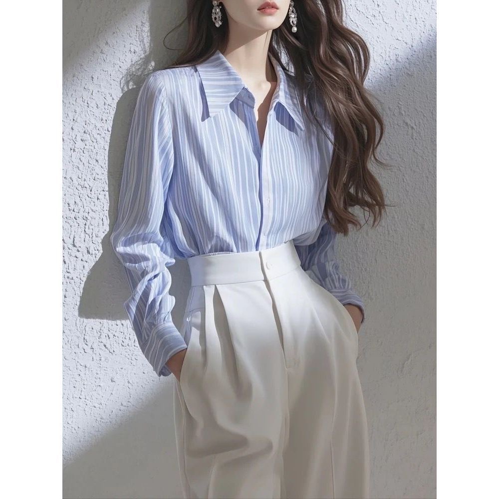 셔츠 스트라이프 아름다움 한 파란색 고유 한 긴팔 새로운 출퇴근 품격 다용도 디스플레이 패션 외국 가스 셔츠 맨위