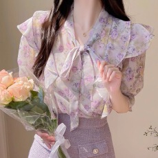 批发<b class='q'>碎花</b>蝴蝶结雪纺衫女短袖2025夏季荷叶边<b class='q'>衬衫</b>设计感小众印花上衣女