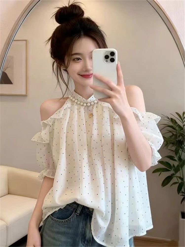 프랑스식 무거운 작업 비즈 박기 오프숄더 셔츠 여성 여름 새로운 부드러운 바람 품격 슬림해 보이는 프린트 셔츠 슈퍼 요정 맨위