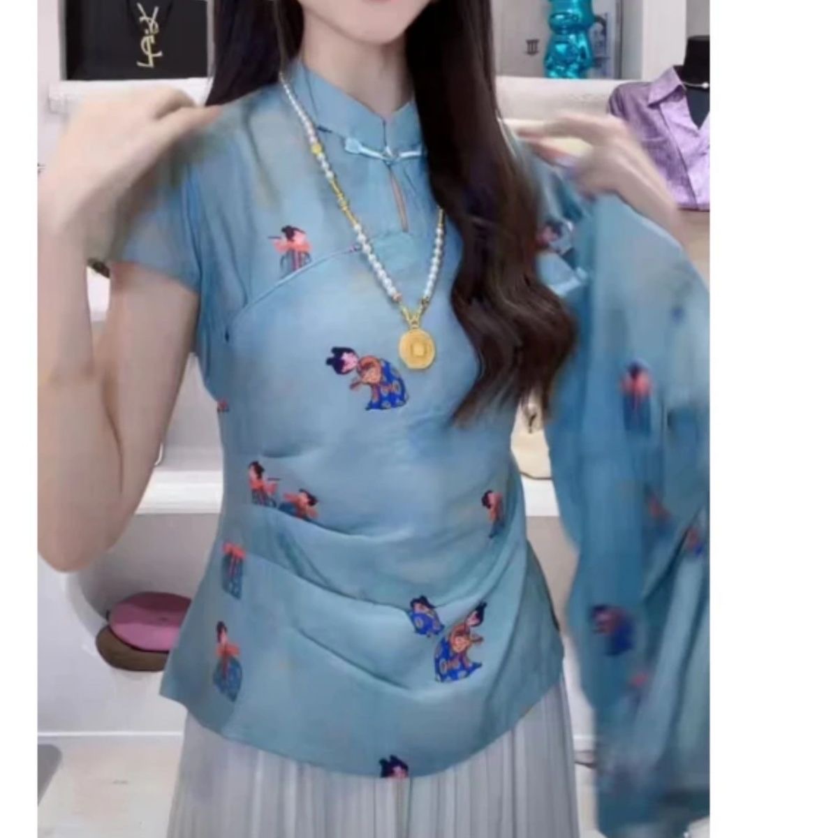 여름 새로운 자외선 차단 프랑스식 품격 레이스업 2025 감기 센스 새로운 중식 국풍 사람들을 당겨 라. 작은 셔츠 치파오 스탠드 칼라