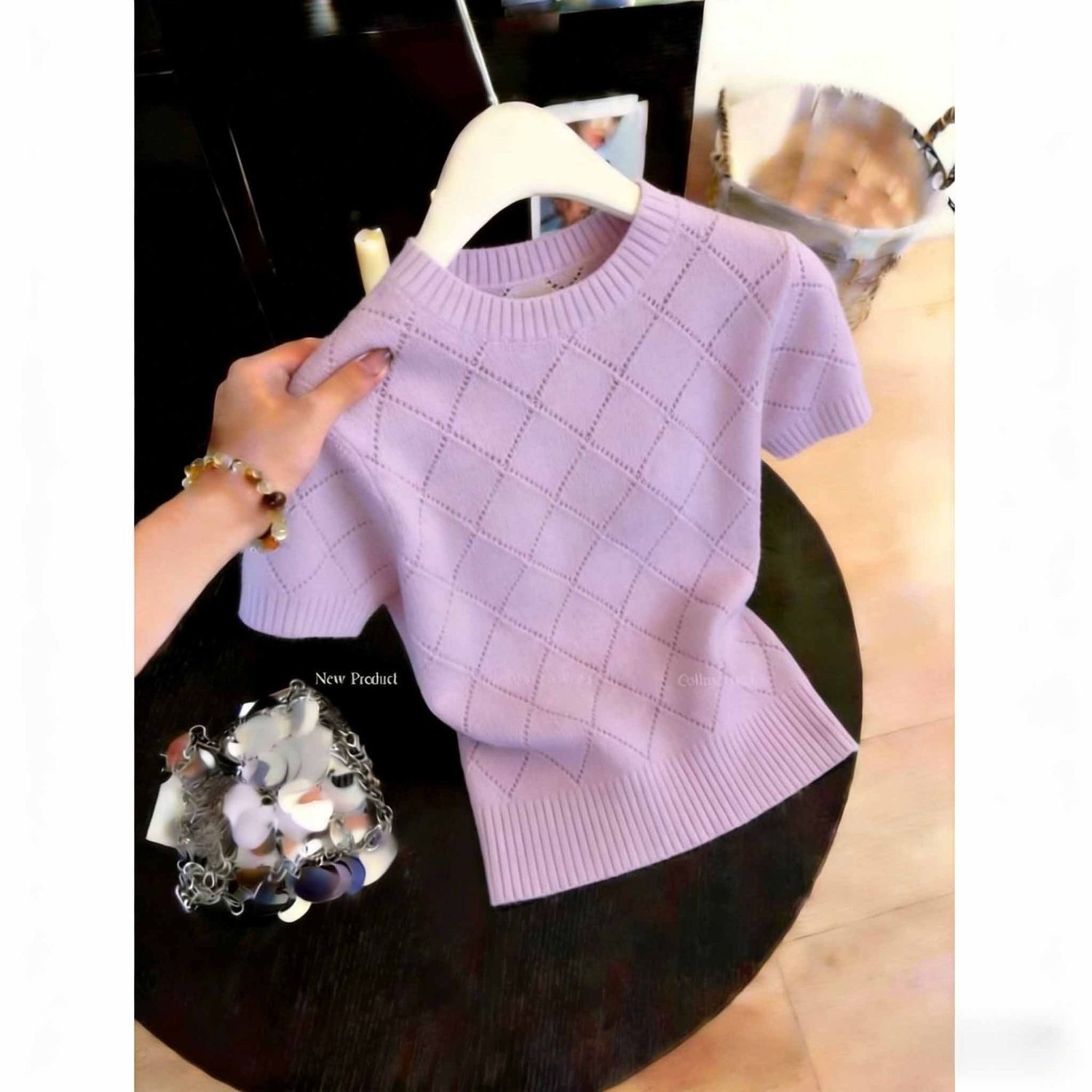 프랑스식 작은 대중 라운드 넥 니트 스웨터 여성 이른 봄 반팔 다이아몬드 모양 체크무늬 홀로우 아웃 몸매 가꾸기 표지 고기 출퇴근 다용도 맨위