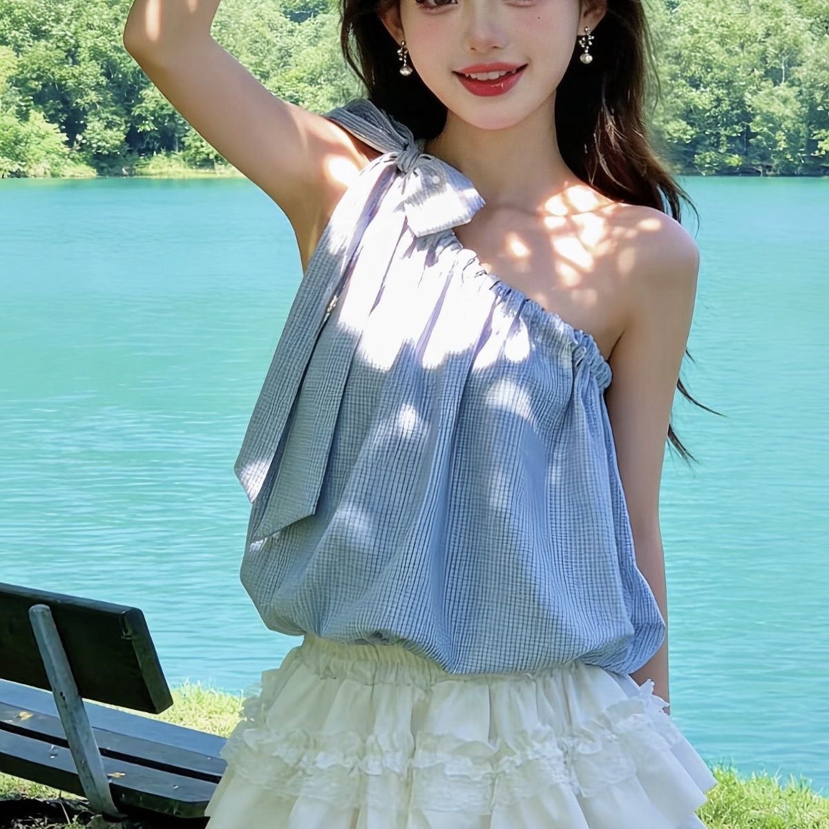 2026 여름 한 부서 바람 다용도 캐주얼 달콤함 순수한 욕망 세로 줄무늬 비스듬한 어깨 꽃밭 민소매 조끼 맨위 여성 의류