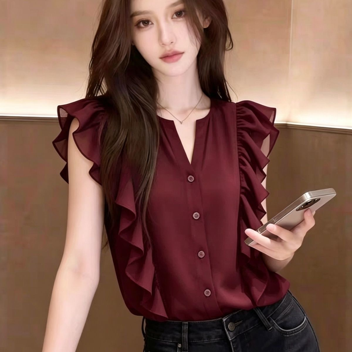와인 빨간색 프릴 패치워크 반팔 셔츠 여자 2026 새로운 여름 패션 연령 감소 외국 가스 셔츠 여성 셔츠