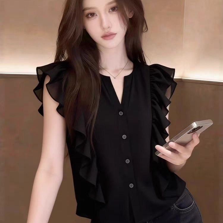 와인 빨간색 프릴 패치워크 반팔 셔츠 여자 2026 새로운 여름 패션 연령 감소 외국 가스 셔츠 여성 셔츠