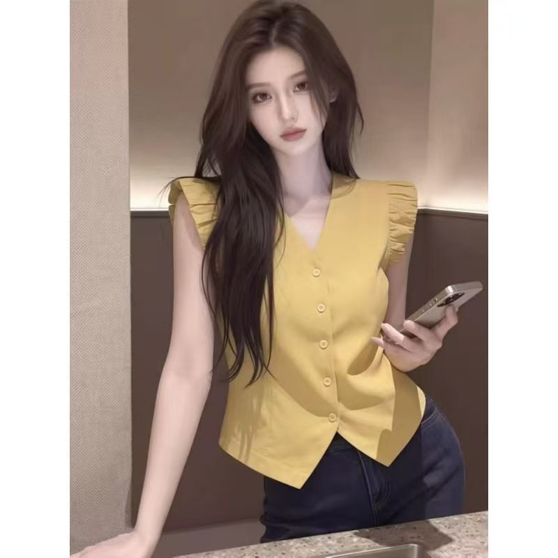 프랑스식 빛 요리 한 바람 심황 색상 V넥 작은 날다 소매 셔츠 디자인 센스 여름 고유 한 아름다운 몸매 가꾸기 순수한 아름다움 맨위
