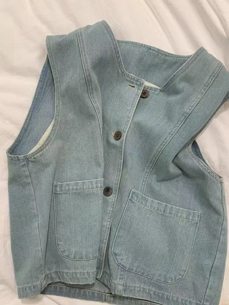 한 부서 Chic 라운드 넥 민소매 스택 착용 데님 조끼 여자 여름 루즈핏 다용도 어깨 캐주얼 재킷 조끼 트렌디