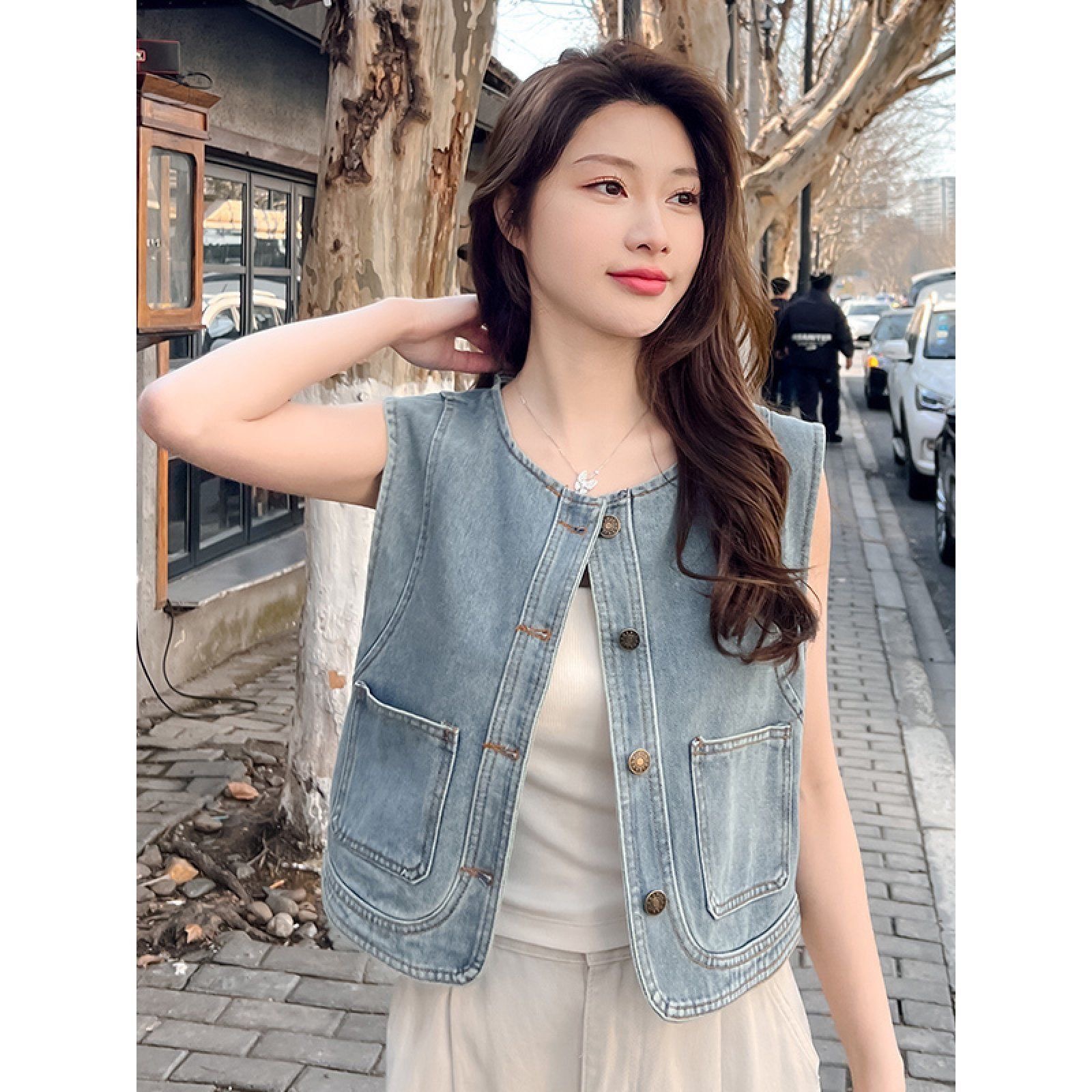 여름 항구 바람 레트로 스택 착용 파란색 데님 말 사용 조끼 여성 외부 가져 가라. 어깨 민소매 루즈핏 조끼 맨위 트렌디