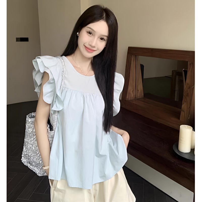 프랑스식 셔츠 여름 외국 가스 연령 감소 작은 날다 소매 달콤함 다용도 민소매 프릴 라운드 넥 풀오버 Chic 맨위