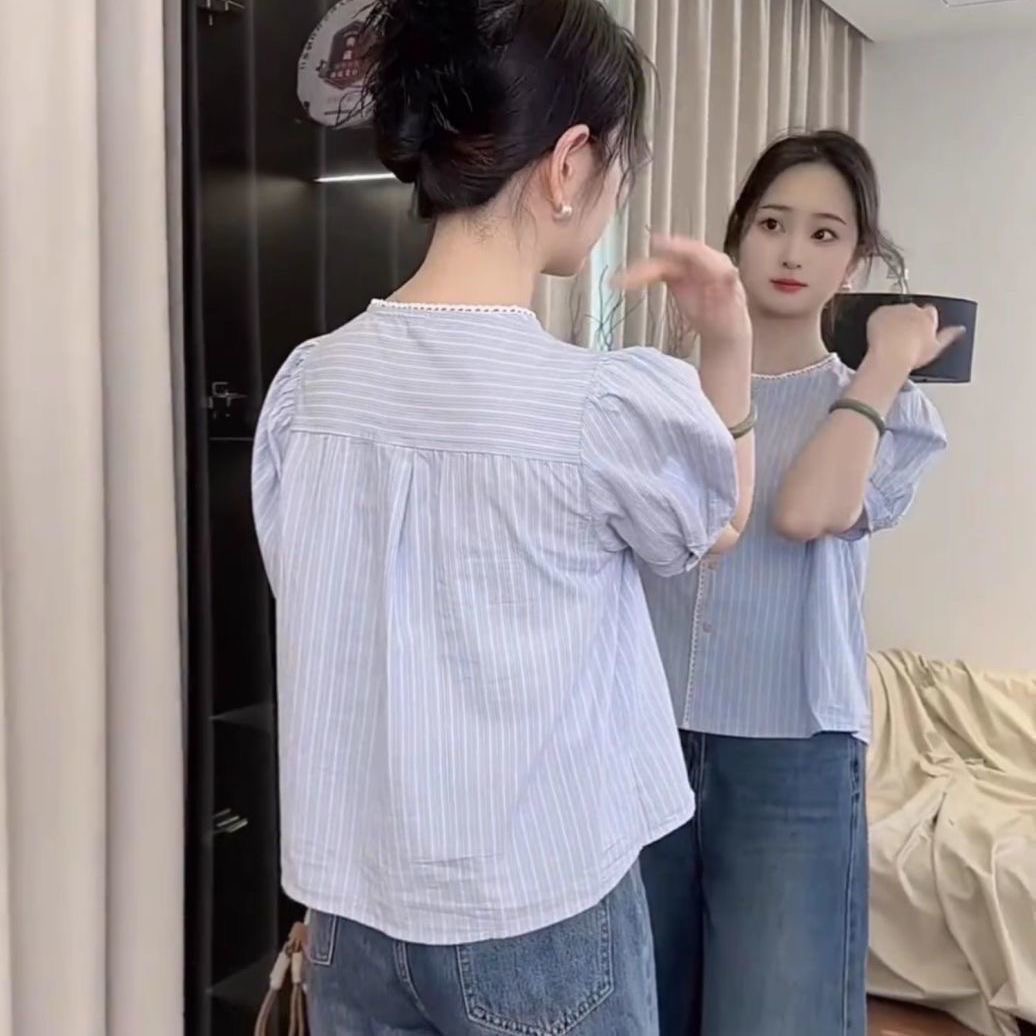 폭발 반팔 스트라이프 프랑스식 여성 셔츠 여름 새로운 2025 작은 키 셔츠 라운드 넥 루즈핏 슬림해 보이는 맨위