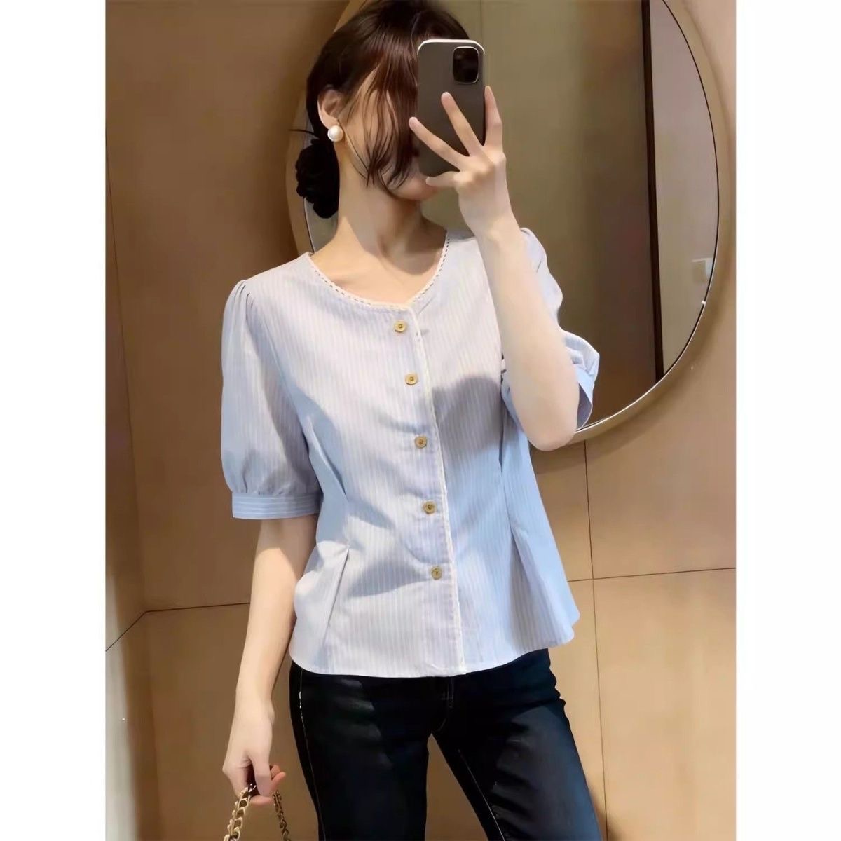 한 부서 캐주얼 바람 레이스 측면 스트라이프 허리 수축 여성 셔츠 여름 빅 사이즈 통통한 여동생 외국 가스 연령 감소 다용도 작은 셔츠
