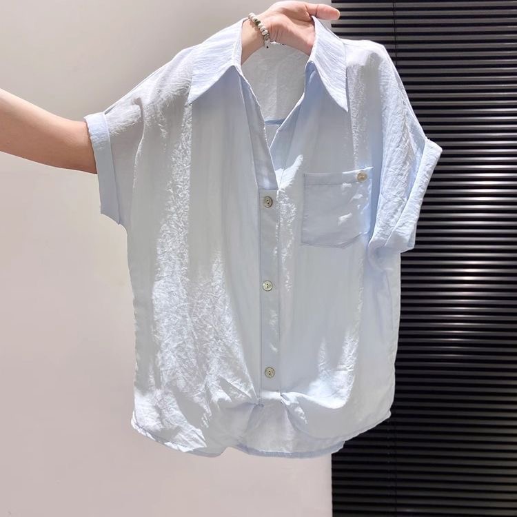 파란색 POLO 칼라 반팔 여성 셔츠 여름 새로운 루즈핏 슬림해 보이는 셔츠 작은 날다 소매 Chic 연령 감소 쇼트 스타일 맨위