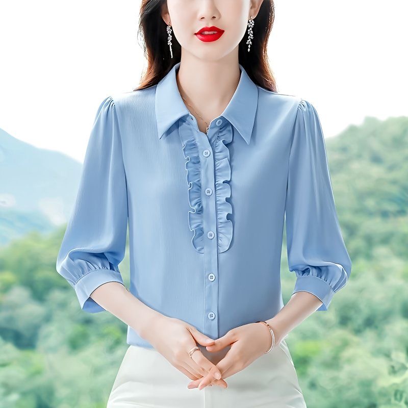 2023 봄 여름 가을 새로운 외국 가스 여성 7부 소매 셔츠 패션 다용도 단색 얇은 스타일 고급 맨위 쇼트 스타일