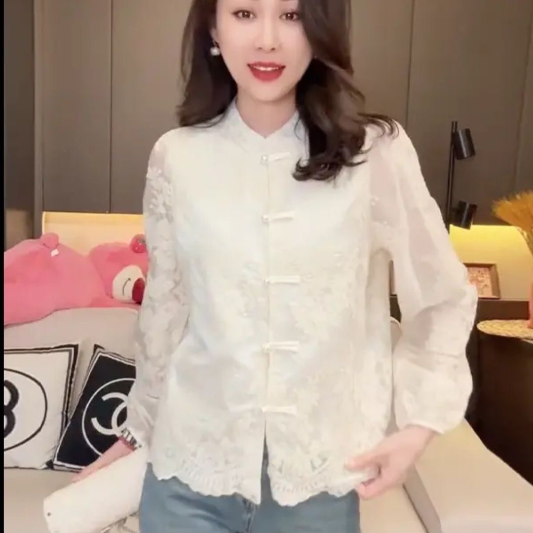 2026 폭발 품격 맨위 레트로 중식 국풍 단추 스탠드 칼라 레이스 긴팔 봄 가을 외출용 셔츠