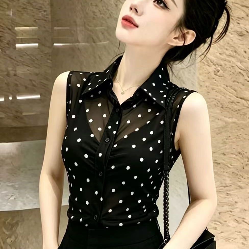 품격 다용도 얇은 스타일 시스루 POLO 칼라 여성 프린트 망사 몸매 가꾸기 슬림해 보이는 외부 가져 가라. 민소매 검정색 맨위