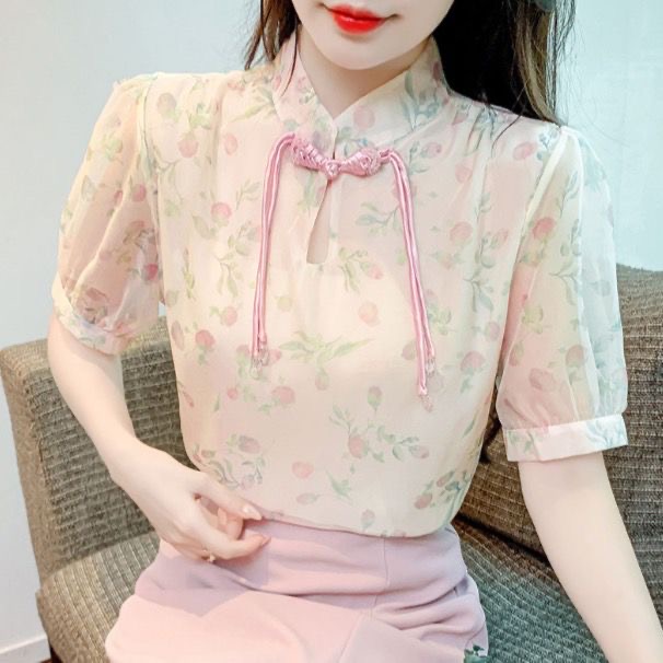 단추 스탠드 칼라 셔츠 여성용 짧은 소매 여름 새로운 대양 품격 표지 배 슬림해 보이는 꽃무늬 맨위
