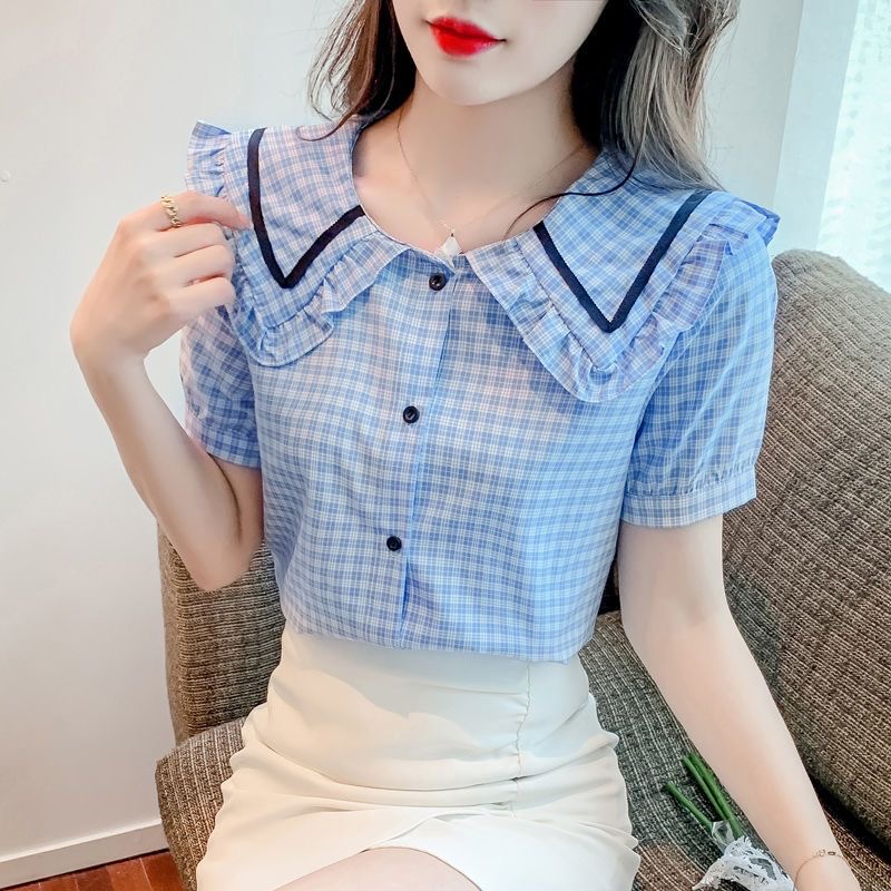 패션 작은 청신 체크무늬 여성 셔츠 2024 여름 새로운 한국 스타일 몸매 가꾸기 외국 가스 목이버섯 베이비 칼라 반팔 맨위