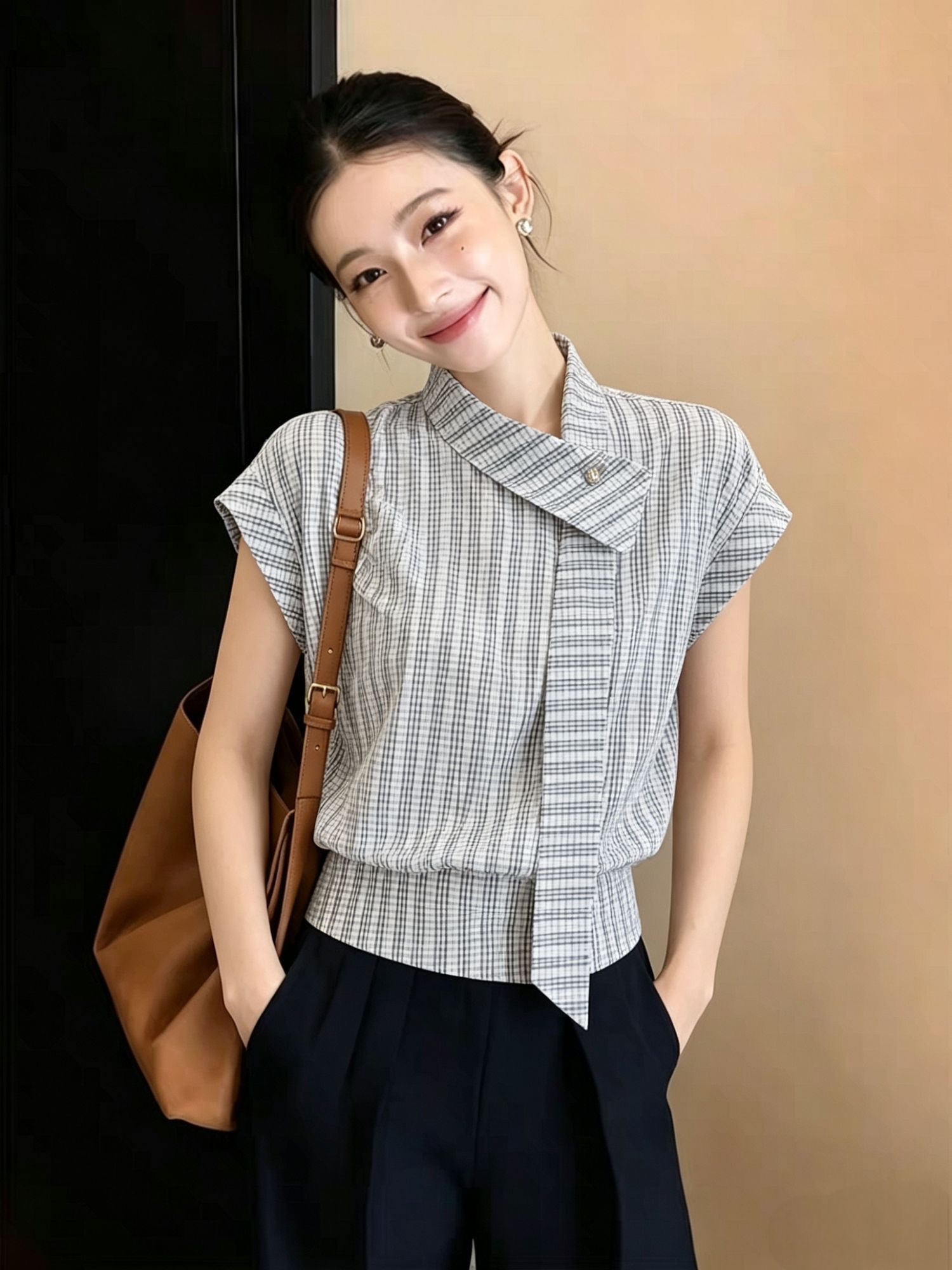 고급 센스 격자 무늬 셔츠 반팔 2026 여름 새로운 레트로 리본 Chic 연령 감소 슬림해 보이는 한 첨부 된 의류 여성