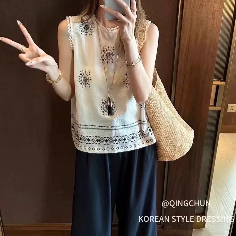 유럽어 버전 루즈핏 슬림해 보이는 민소매 얇은 스타일 쉬폰 조끼 여성 여름 섹션 고급 센스 무거운 작업 프린트 레이스 측면 작은 셔츠