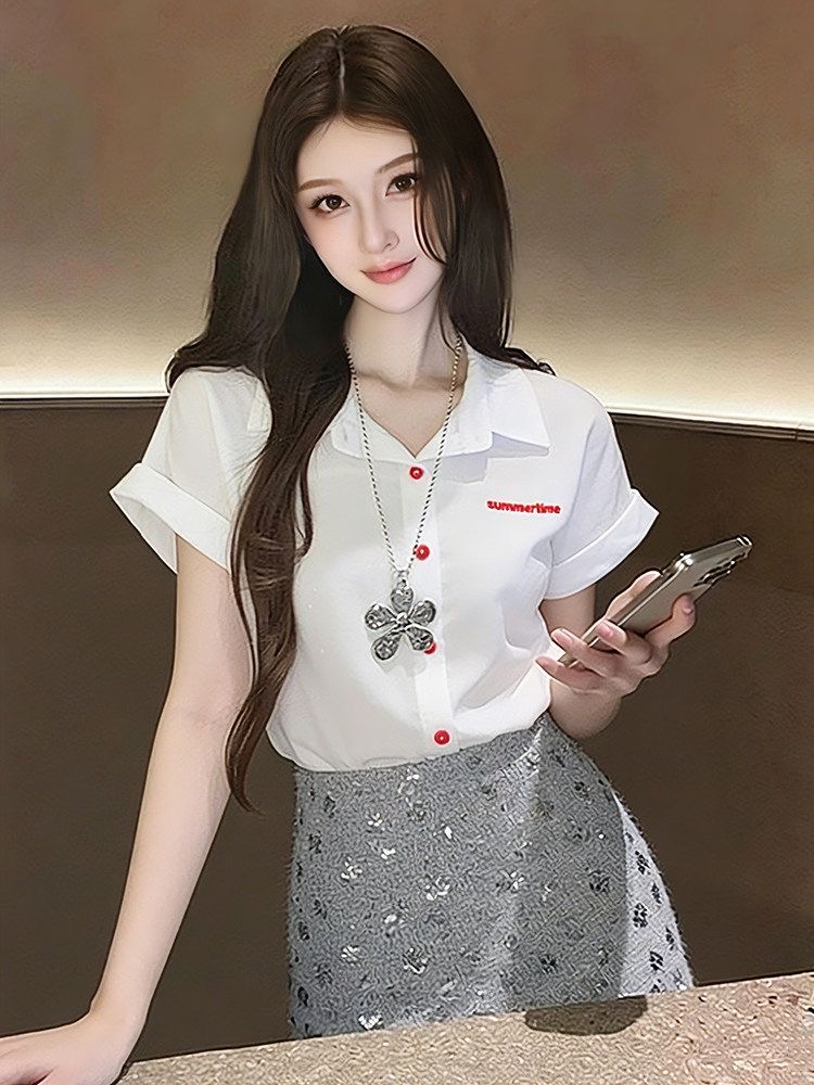 한국 스타일 출퇴근 바람 POLO 칼라 알파벳 반팔 여성 셔츠 2026 여름 새로운 품격 캐주얼 슈퍼 잘 생긴 맨위