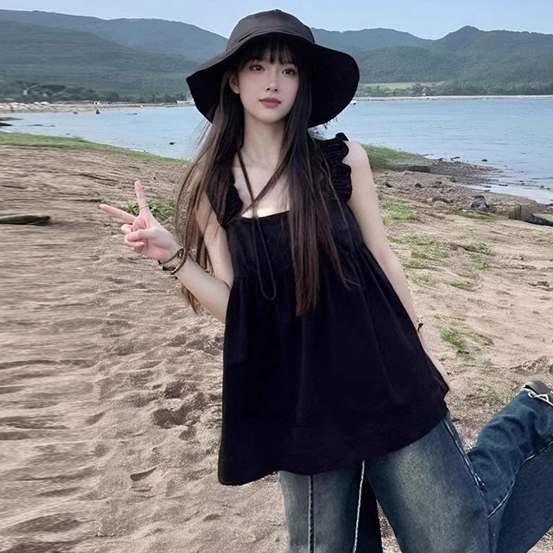 검정색 아름다운 작은 슬링 조끼 여성 여름 외출용 2025 새로운 디자인 센스 프랑스식 달콤한 매운맛 민소매 해변가 맨위