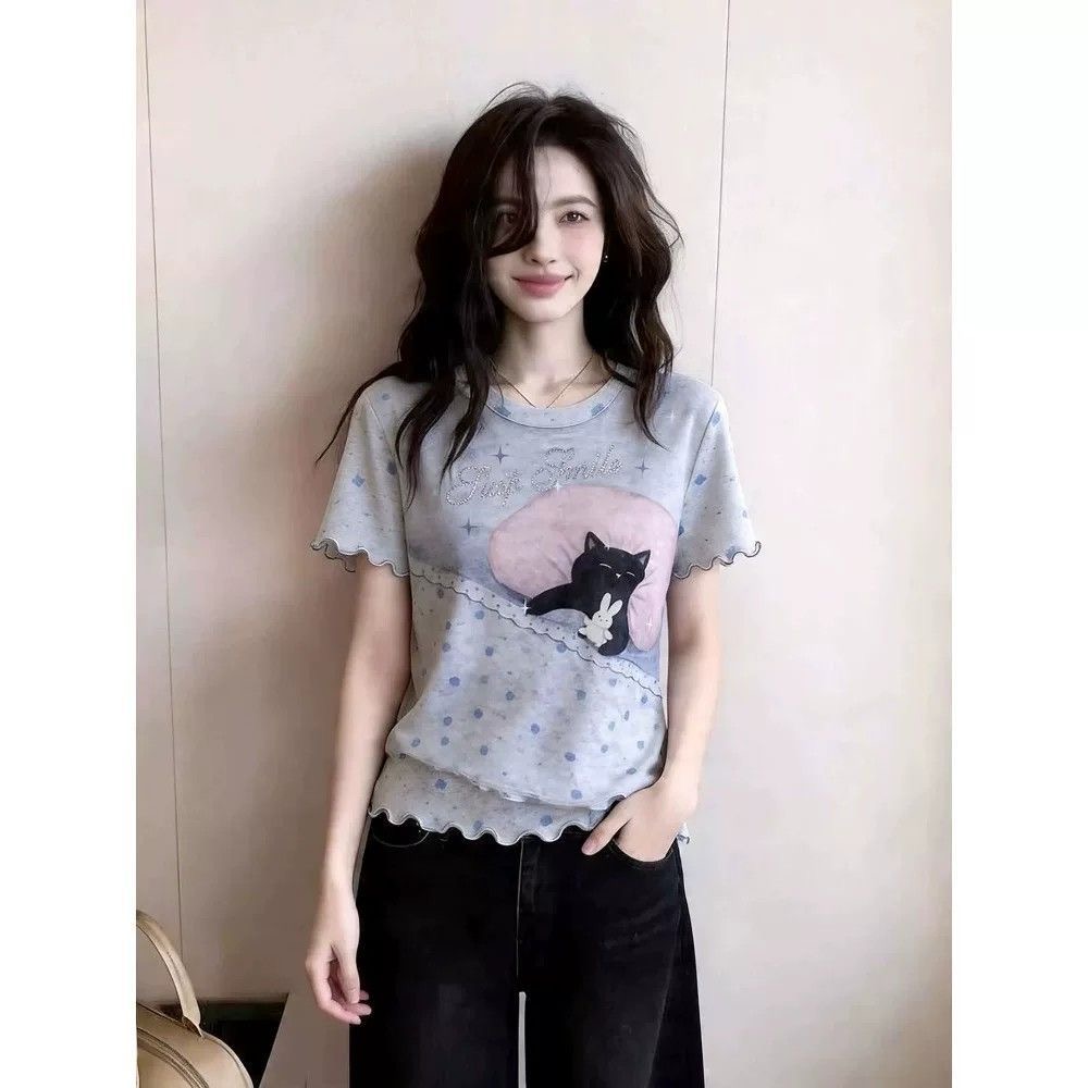 빅 사이즈 여성 의류 여름 디자인 센스 핫픽스 패치워크 프린트 반팔 티셔츠 여성 몸매 가꾸기 슬림해 보이는 고유 한 Chic 맨위