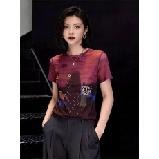 批发<b class='q'>大码</b>女装夏季时尚简约红色圆领短袖双层网纱T恤抽象猫咪印花上衣