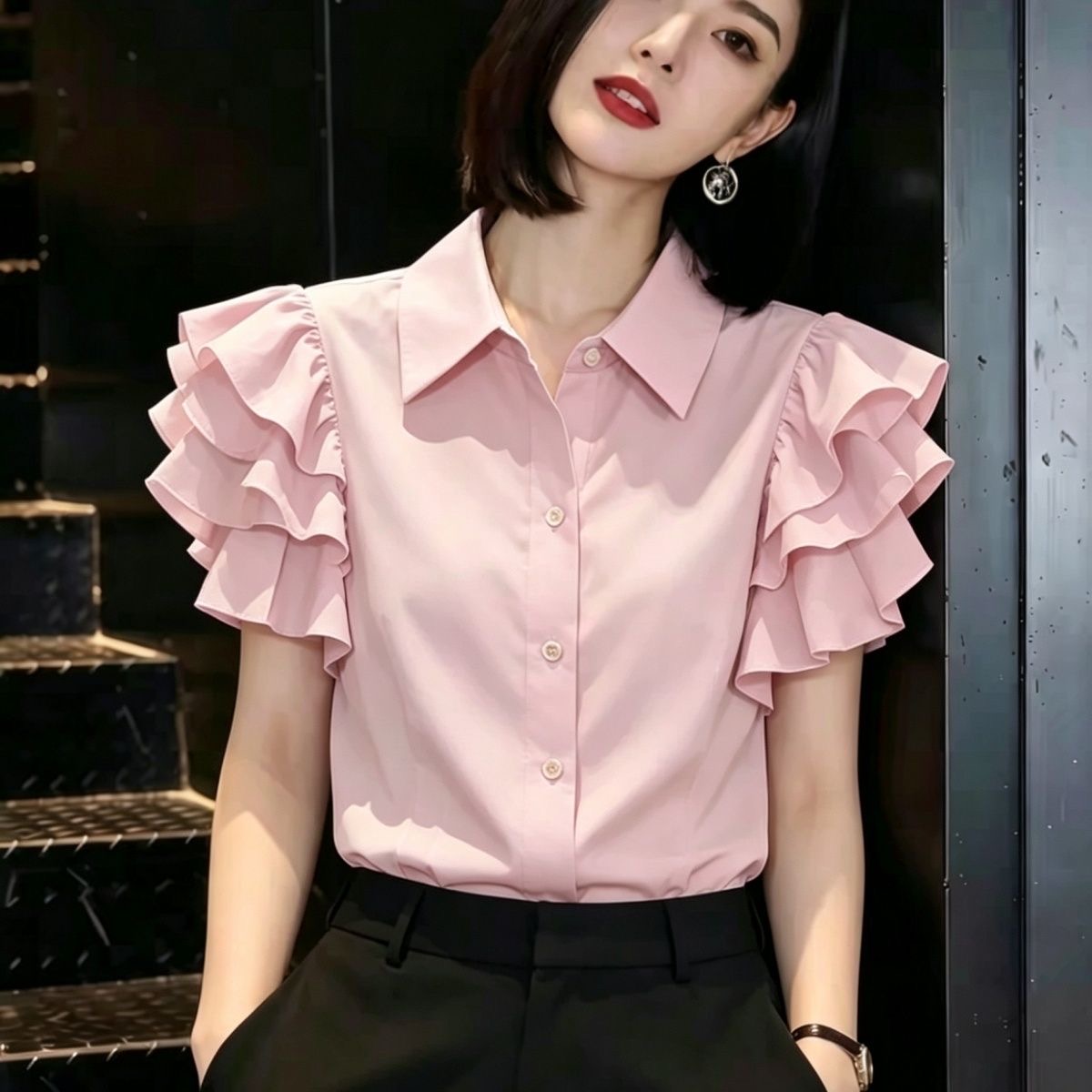 유럽 상품 빛 럭셔리 고급 절묘한 여성 셔츠 여름 고유 한 Chic 작은 대중 달콤함 아름다운 아름다운 프릴 맨위